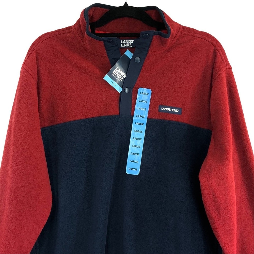 NEW Lands End Men's Large‎ Red Navy Colorblock Fleece Snap Neck Pullover NWT